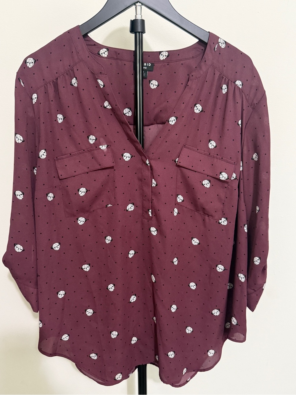 Torrid Women's Burgundy Polka Dot Pugs Printed Blouse